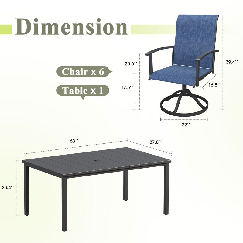6-Person Rectangular Patio Dining Set With 360° Swivel PVC-coated polyester Chairs, Black/Blue