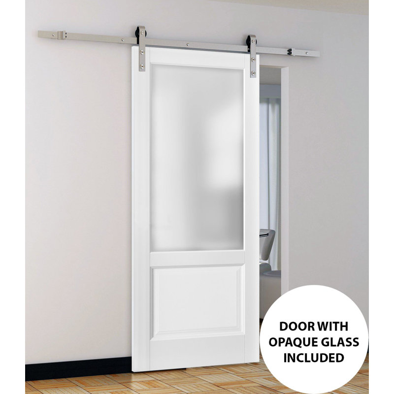 Porte de grange en verre givré blanc Felicia avec trousse de quincaillerie d'installation, Acier inoxydable, 42 po x 84 po