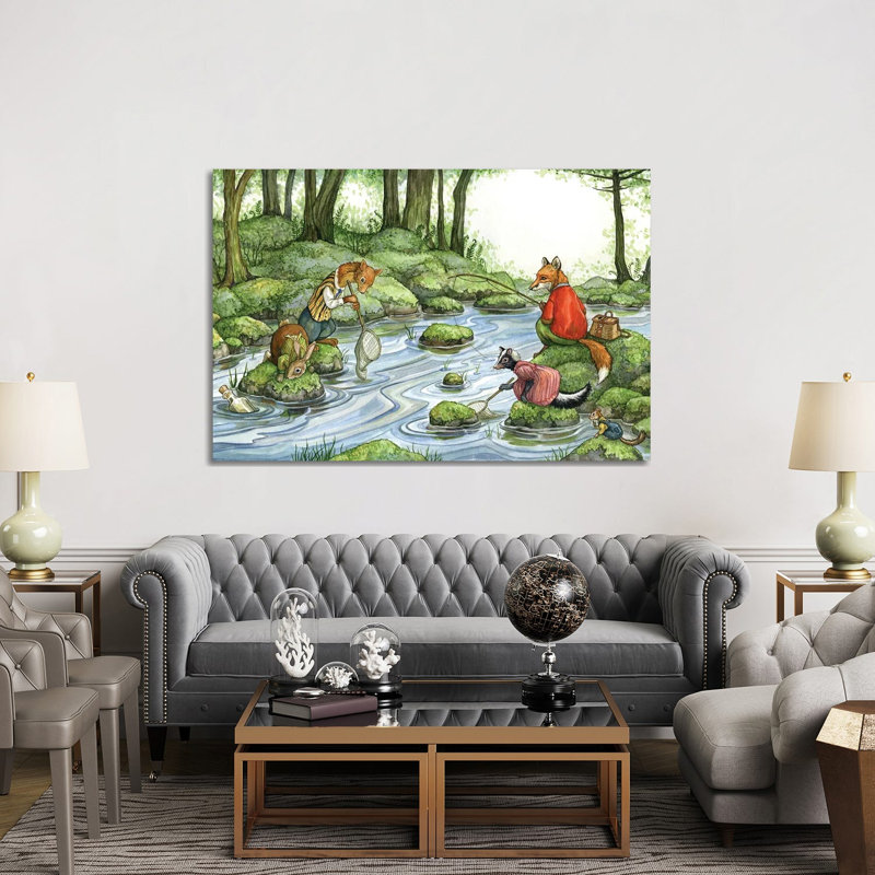 Fishing With Hector Fox And Friends, 40" H x 60" W x 1.5" D, No Mat, Wrapped Canvas