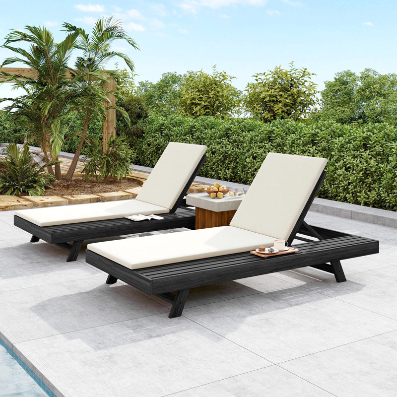 Lounge Chaise Set, Space Available On One Side, Acacia Wood In Black With Water-Resistant Lounge Cushions (2 Inch Thick)