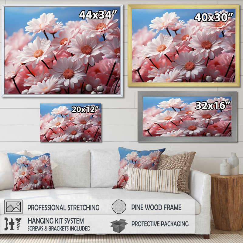 «Pink Whispering Daisies I», reproduction, H 30 po x l 40 po x P 1,5 po, Cadre flottant doré