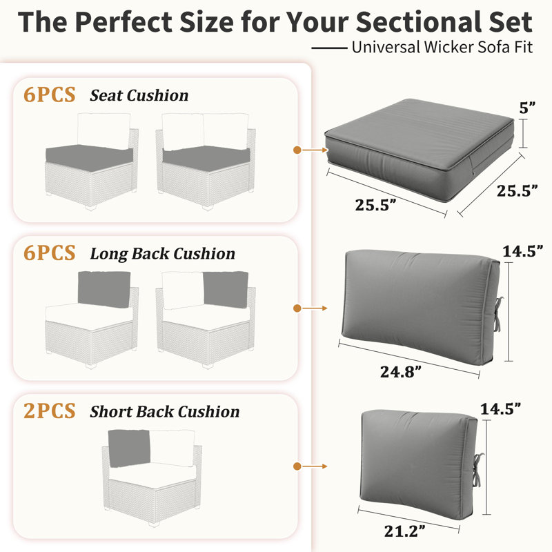 5'' Outdoor Cushions and Replacement Patio Cushions 25.5''W X 25.5''D Outdoor Furniture Cushions Set for 6 Seats, Slate Gray