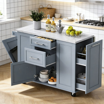 Koper 50.7" Kitchen Island with Foldable Tabletop and Concealed Tilt Trash Can Cabinet