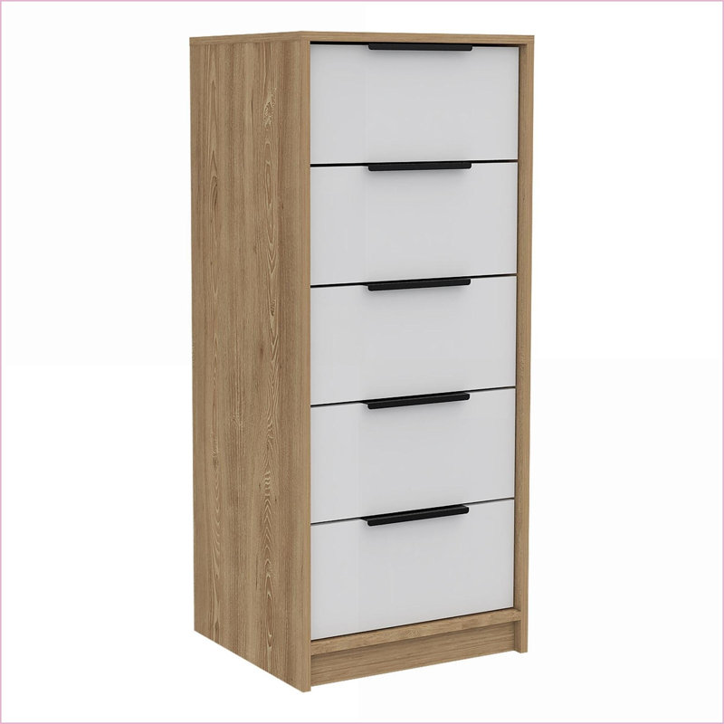 Commode 5 tiroirs avec poignées en métal, finition blanc / pin | Panneau de particules | Multicolore, Blanc / pin