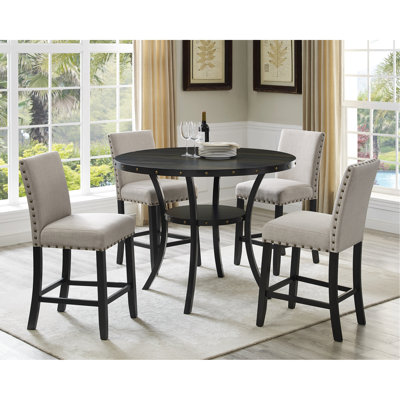 Espresso Wood Counter Height Dining Table Set, Tan Fabric Stools with Nailhead Trim