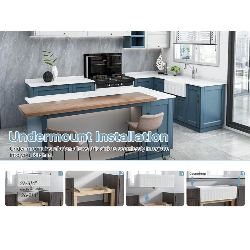 Farmhouse Ceramic Kitchen Sink, Small Apron-front Sink With Strainer & Bottom Grids