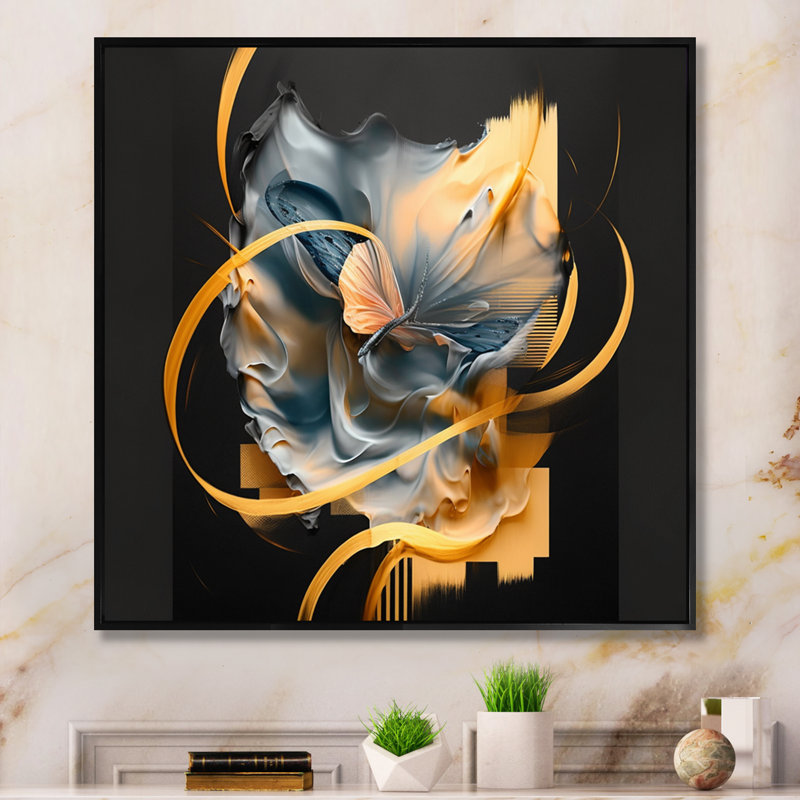 Abstract Butterfly - Abstract Framed Wall Art, 30" W x 30" H, Black Floater Framed