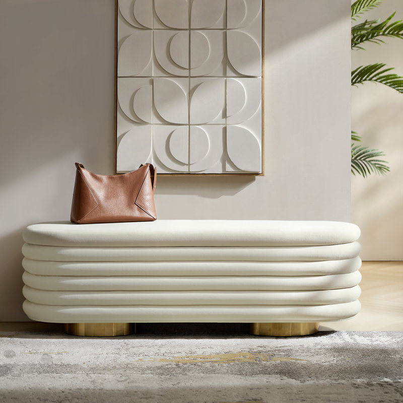 Nettie 54" Modern Velvet Boucle Upholstered Tufted Storage Bench with Gold-finished Metal Legs, White