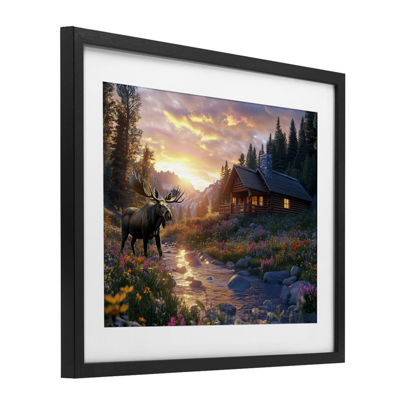 Cozy Cabin Moose visite, reproduction encadrée sous verre, conception de Jim Baldwin, Cadre noir minuit, H 17 po x l 21 po