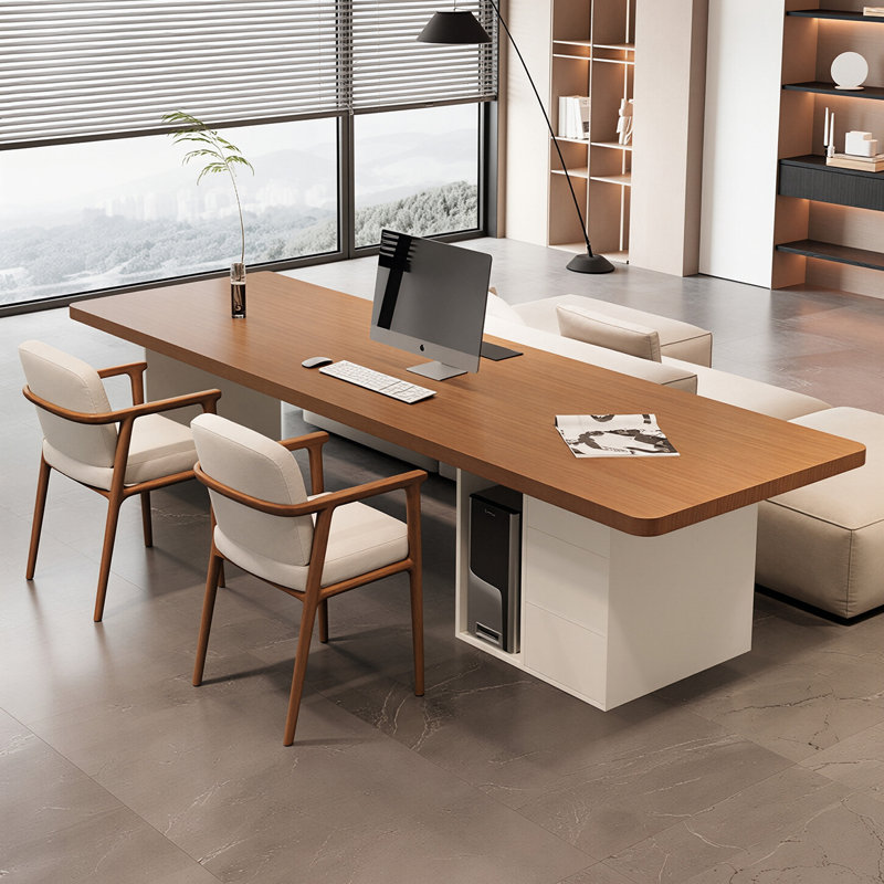 Bureau moderne en bois massif brun et blanc de 62,99 po, H 29,53 po x l 62,99 po x P 31,5 po