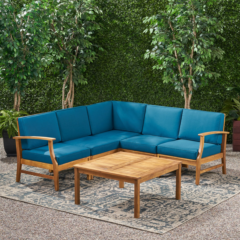 Ensemble de conversation modulaire d'extérieur moderne en bois d'acacia de six articles avec coussins hydrofuges et conception à loquet modulaire Allieana