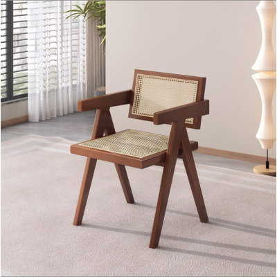 Modern Mid Century Dining Chairs Set of 2, Rattan Accent Chairs, Comfy Armchairs, Outdoor Wood Chairs with Armrest for Bedroom Living Room Reading Room Dining Kitchen