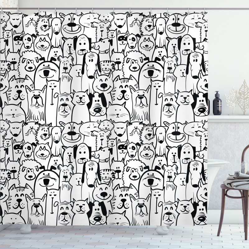 Ensemble de rideau de douche et crochets Doodle, H 75 po x l 69 po