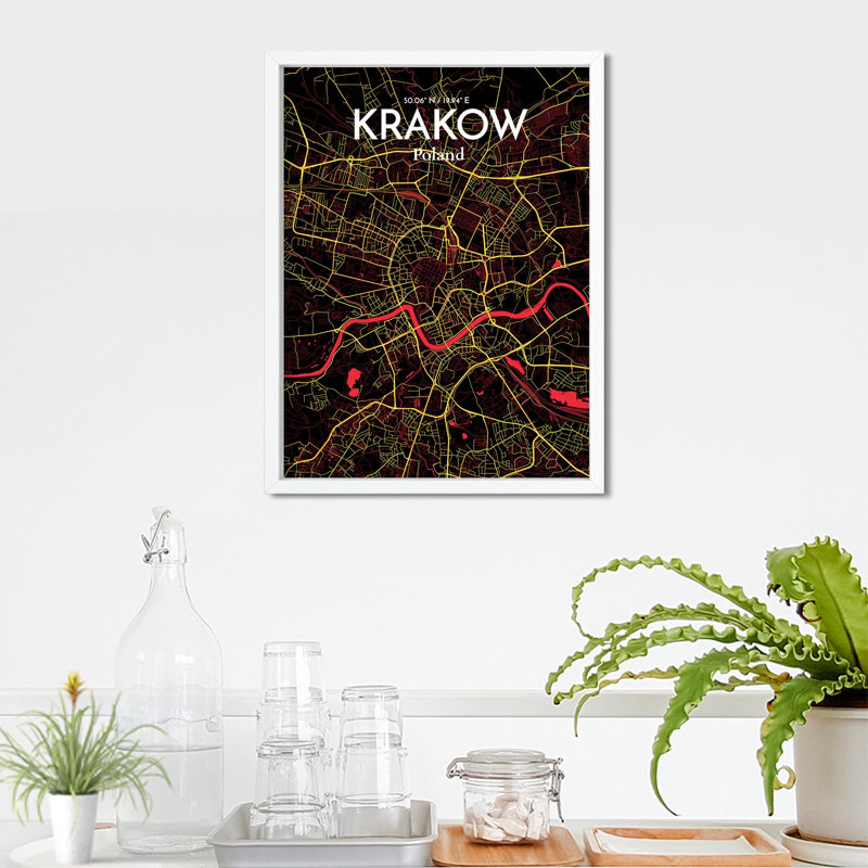 «Krakow City Map», impression de luxe, H 24 po x l 18 po, Noir / rouge / jaune