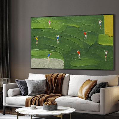Extra Large Wall Art Fabric Print - Golf Swing Figures on Abstract Green Fairway Artwork Decor for Living Room or Bedroom - "Frame Assembly Required (Unfinished Frame)"
