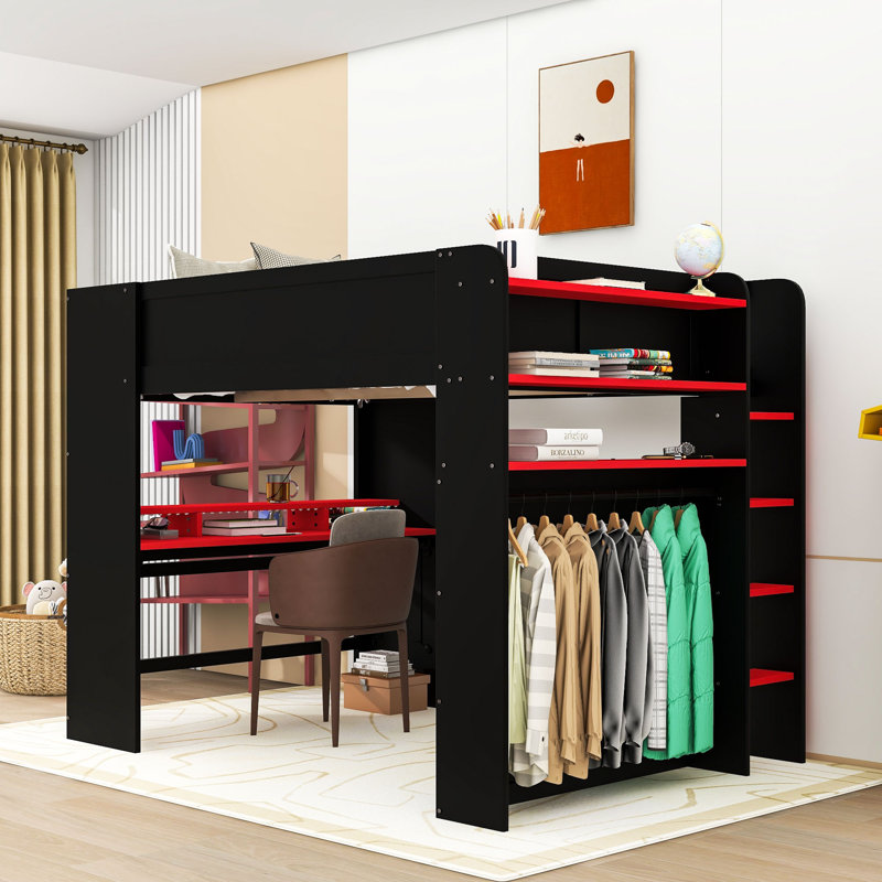Lit mezzanine double avec bureau, lumière RVB, tablettes de rangement et station de charge, Rouge