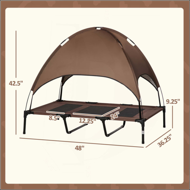 Lit surélevé pour chien avec auvent, lit pour chien respirant en filet respirant avec structure en acier thermolaqué, lit pour chien surélevé portable avec sac de voyage pour chiens d'intérieur et de plein air