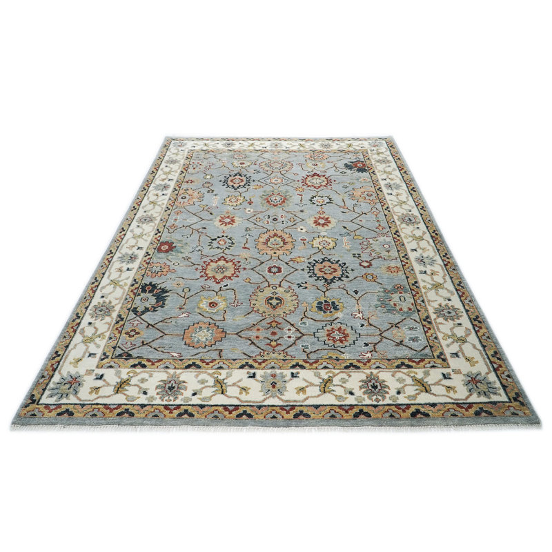 Tapis bleu en laine noué à la main 10 pi 1 po x 14 pi 1 po Oushak