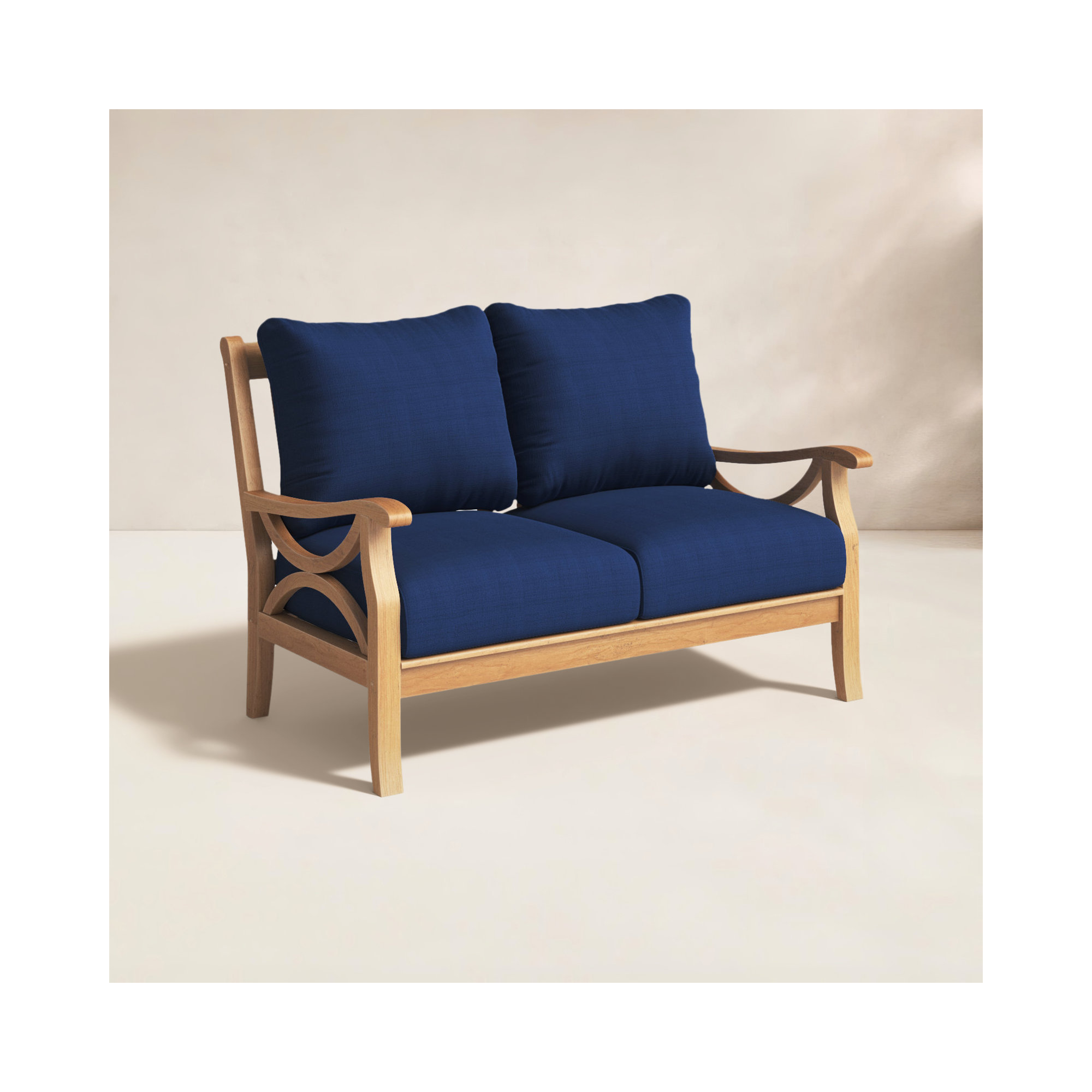 Brunswick 52'' Wide Rectangle Teak Loveseat with Cushions, Navy Performance, Natural