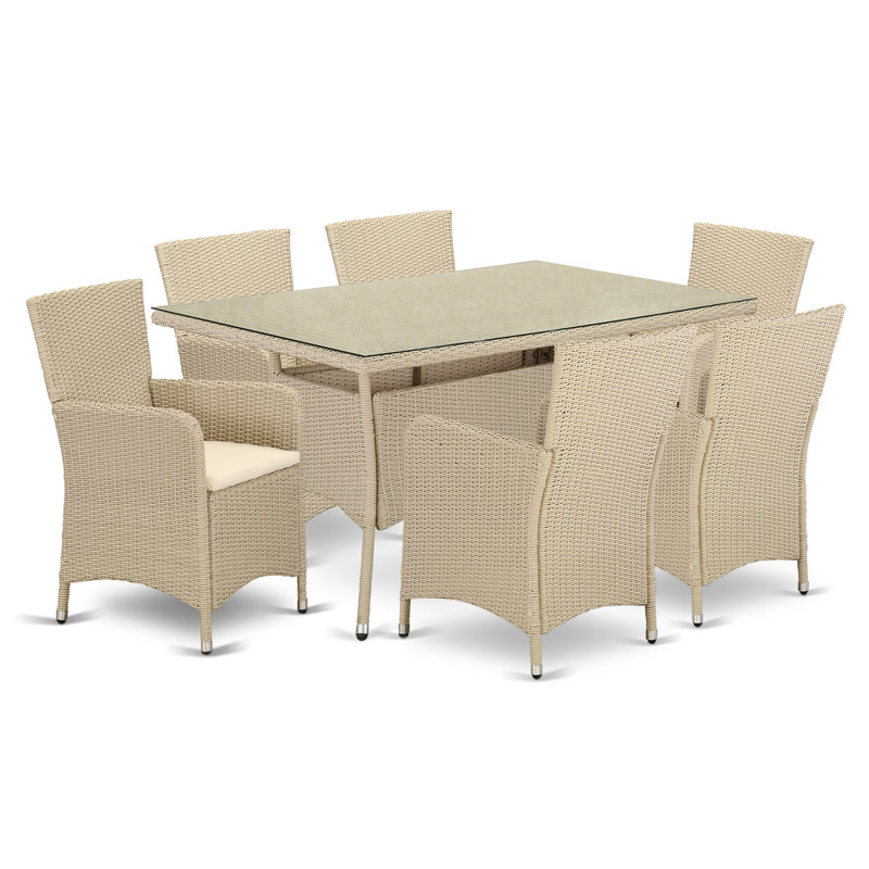 Ensemble de 7 pièces de mobilier de patio en osier pour l'extérieur comprenant une table de bistro rectangulaire avec plateau en verre et 6 fauteuils de balcon avec coussin, crème
