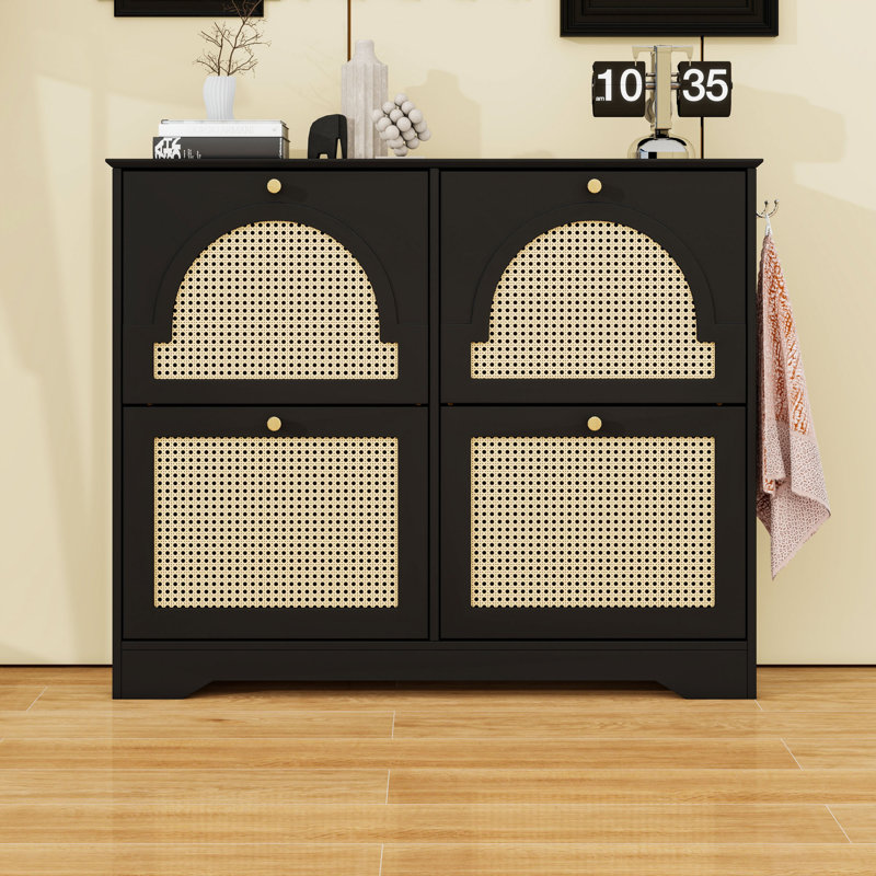 Medieval-Style Narrow Floor-To-Ceiling Shoe Cabinet - 4 Sliding Drawers With Rattan Doors, Featuring 2 Hooks, Black