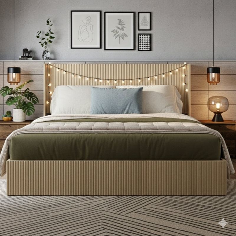 Une base de lit spacieuse et structurée avec un design concave et ondulé, équipé d'un mécanisme de levage. Ce lit plateforme en bois offre un espace de rangement et fonctionne silencieusement sans avoir besoin d'un sommier. Fini en couleur chêne, très grand.