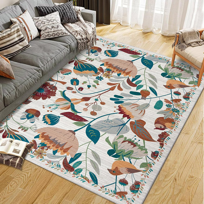 Tapis de style bohème 3 x 4 m, lavable, beige, à motifs floraux jungle, antidérapant, 10 x 13 pi