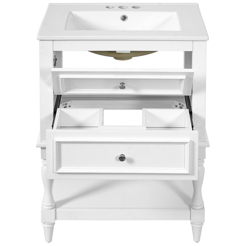 Meuble-lavabo de 24 po avec lavabo en céramique, solution de rangement moderne, tablette ouverte et 2 tiroirs, armoire au design rétro élégant