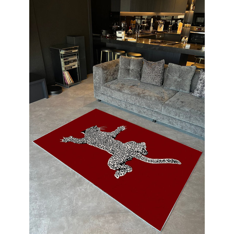 Burgundy Theme Leopard Woven Base Rug, Runner 3'9.81" x 9'10.11"