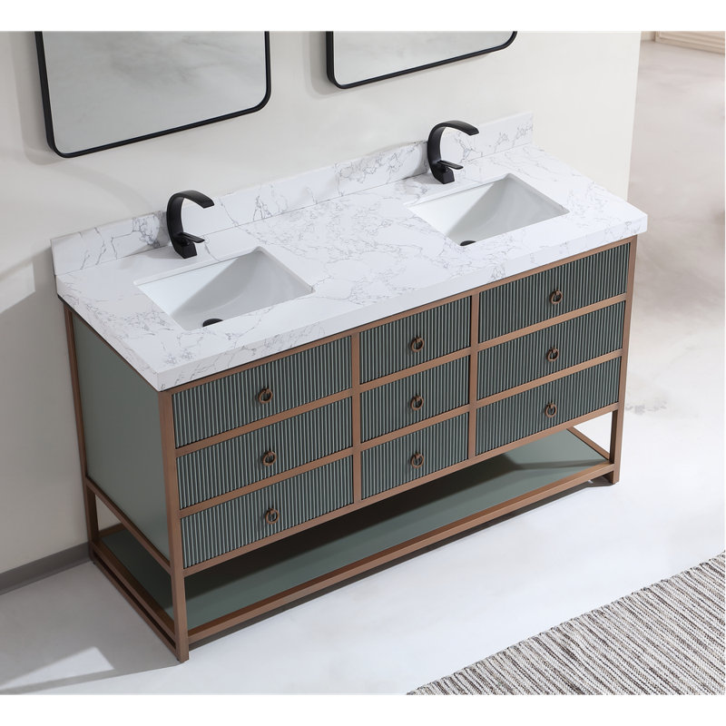 72" Double Vanity With Golden Brush Stainless Steel Frame And Tricorn Black Finish With 2' Thick Black Natual Stone Top, Gray