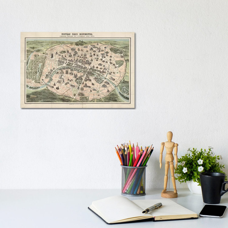Paris Monument Map by Vintage Apple Collection - Wrapped Canvas Print, 20.32 cm H x 30.48 cm W