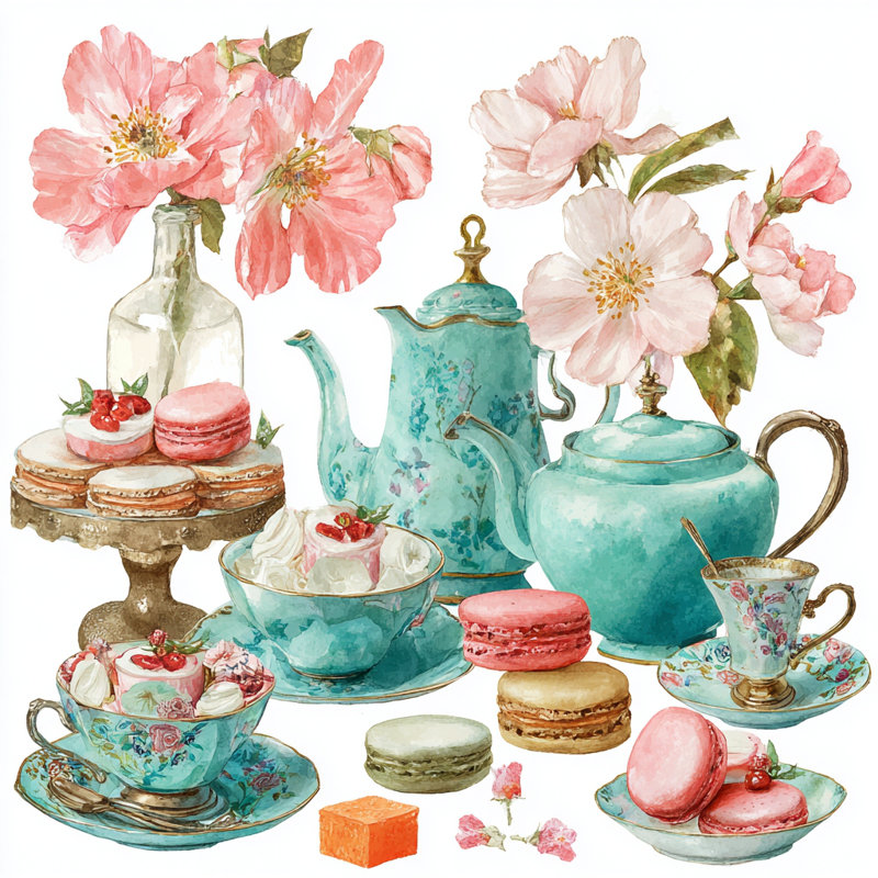 Aquarelle sur fond bleu sarcelle avec fleurs roses et macarons, 20"W x 20"H x 1.5"D