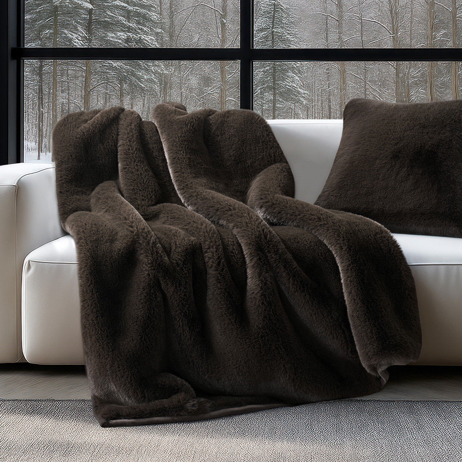 Chinchilla Faux Fur Throw Blanket, 60" L x 50" W, Espresso Mink