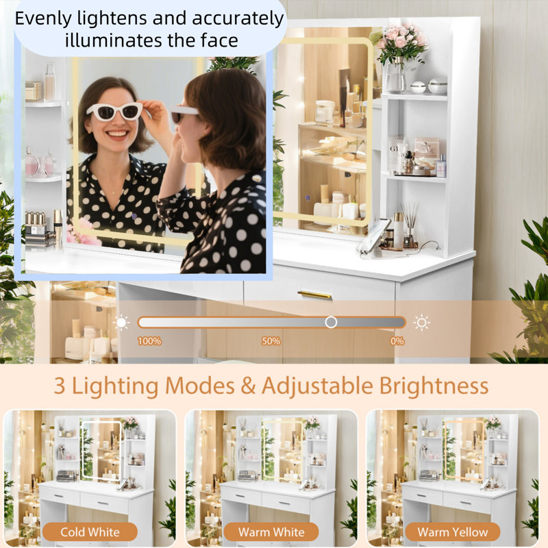 3 Lighting Modes With Adjustable Brightness, Dressing Table Set With Power Outlet And Cushioned Stool With Mirror And Light, 2 Drawers And 6 Storage Shelves For Make-Up Dresser