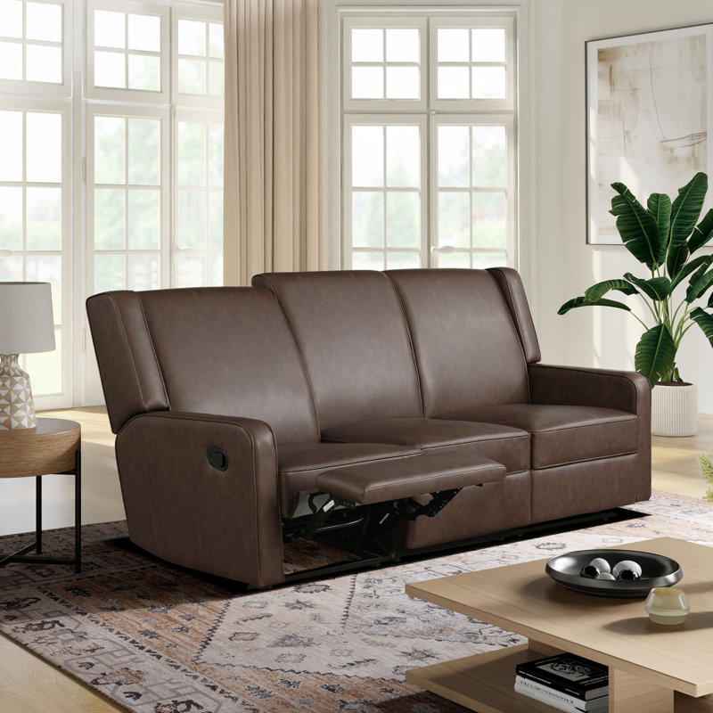 Keough 79.9" Manual Reclining Sofa Soft Modern Track Arm Pocket Coil Comfort Toolless Assembly Vegan Leather Fabric, Brown