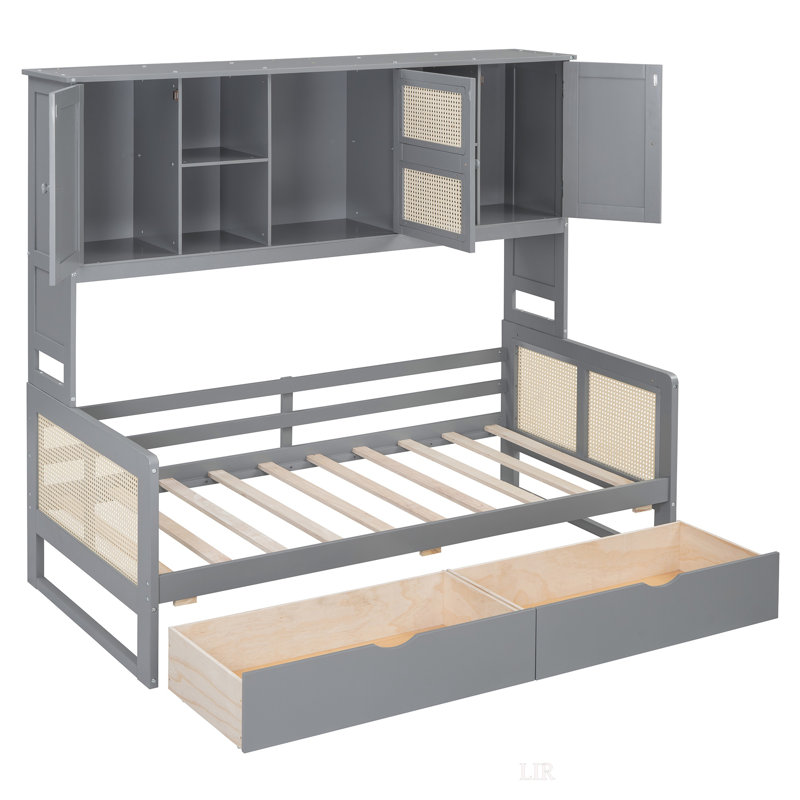 Lit de jour simple en bois avec 2 tiroirs, armoire et tablette tout-en-un, Lit simple