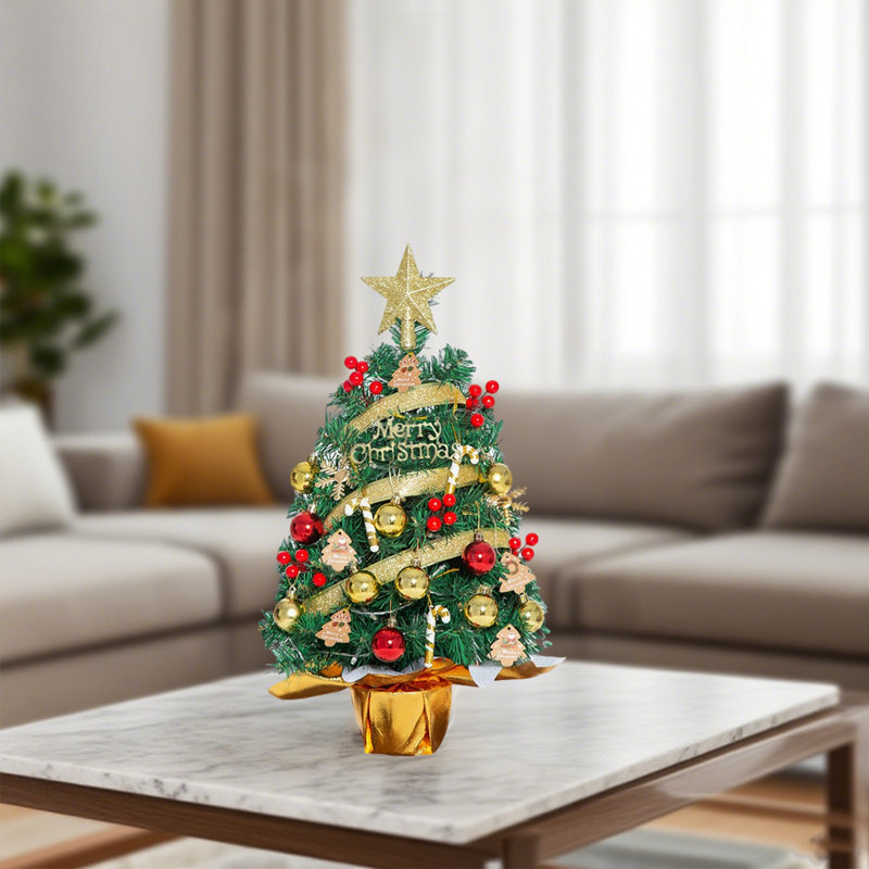 Arbre de Noël de table de 55 cm pour décoration de Noël, mini arbre de Noël artificiel avec décorations pour bureau, bureau, chambre à coucher ou fête