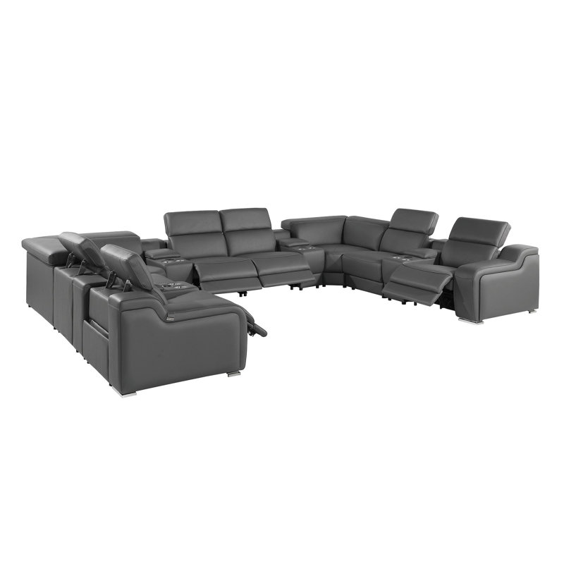 Canapé modulaire en U inclinable en cuir italien foncé foncé avec console