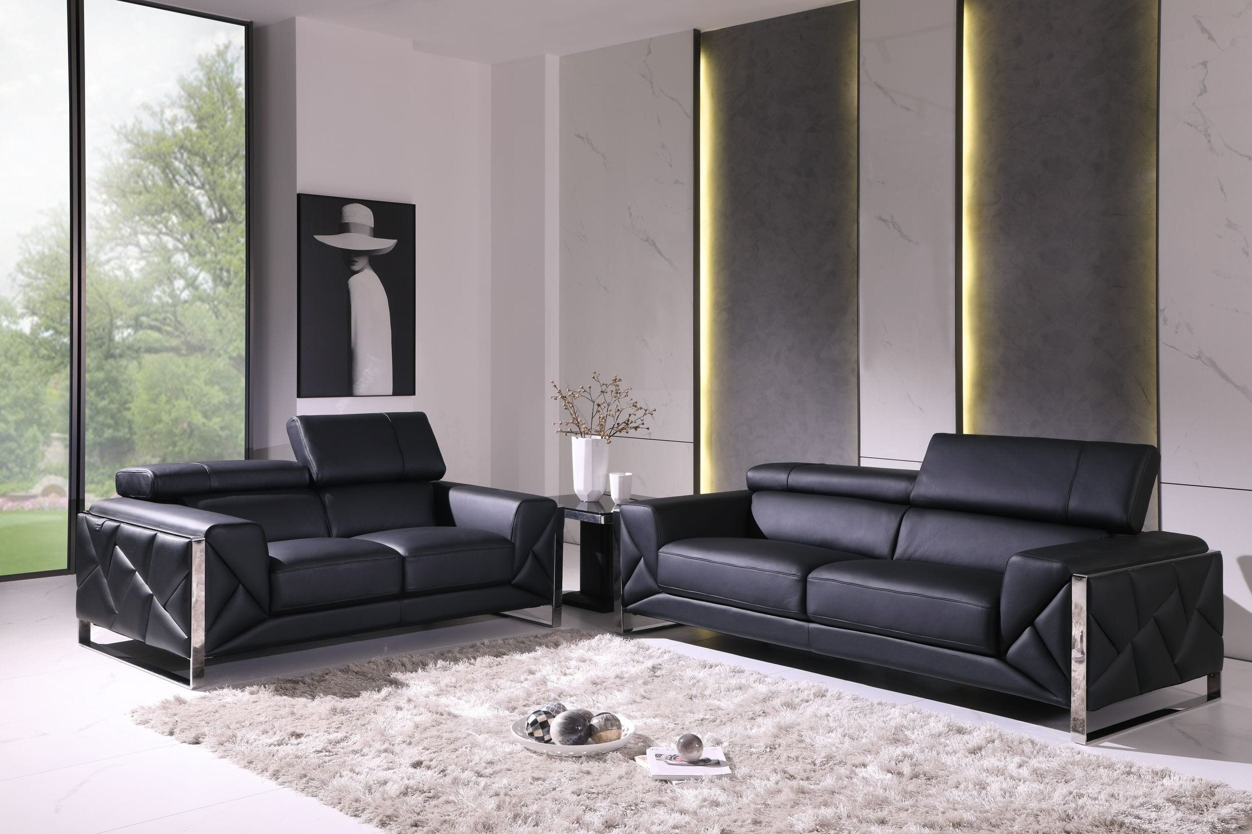 Korando Black Italian Leather Sofa Love