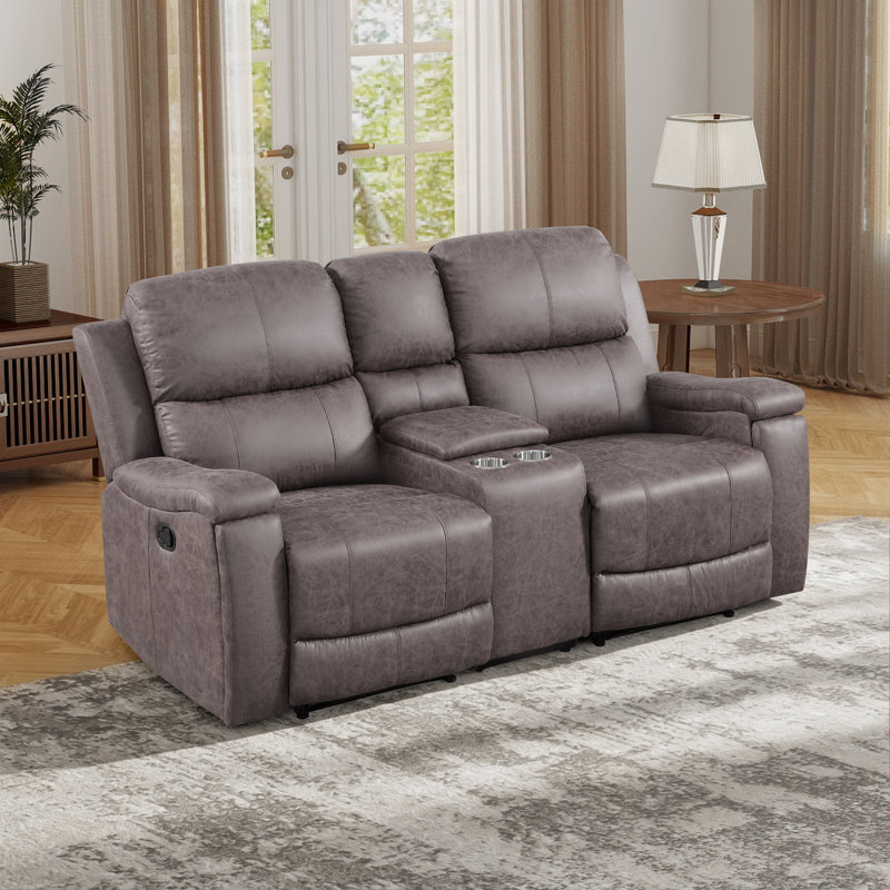75.2'' Wide Classic Leather Reclining Sectional, Loveseat Recliner With Storage & Cup Holders, Mocha