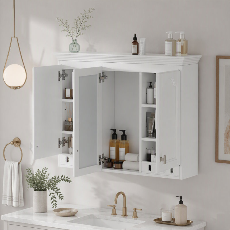 Armoire de toilette murale tout-en-un avec miroir, étagères réglables et charnières à fermeture douce, White
