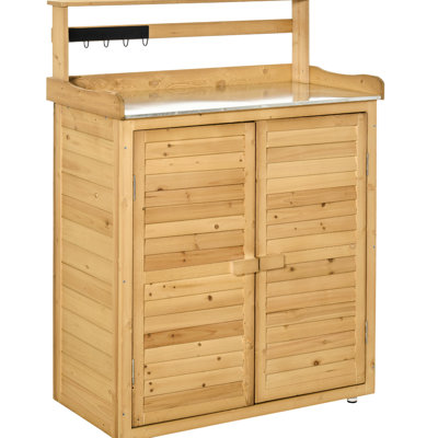 Armoire de jardin jaune en sapin massif, 3 tablettes, 2 portes et crochets magnétiques, L 33,63 po x l 17,75 po, H 48,06 po, L 33,63 po, l 48,75 po, bois de sapin, tablettes, portes fermées