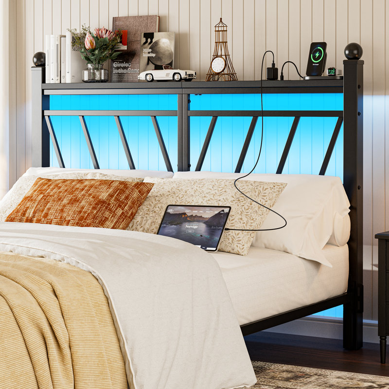  Metal Headboard For Queen Size Bed With Storage, 60,000 Diy Color Of Led Lights, Head Board With Charging Station, Modern Freestanding Headboard Only, Easy Assembly, Black