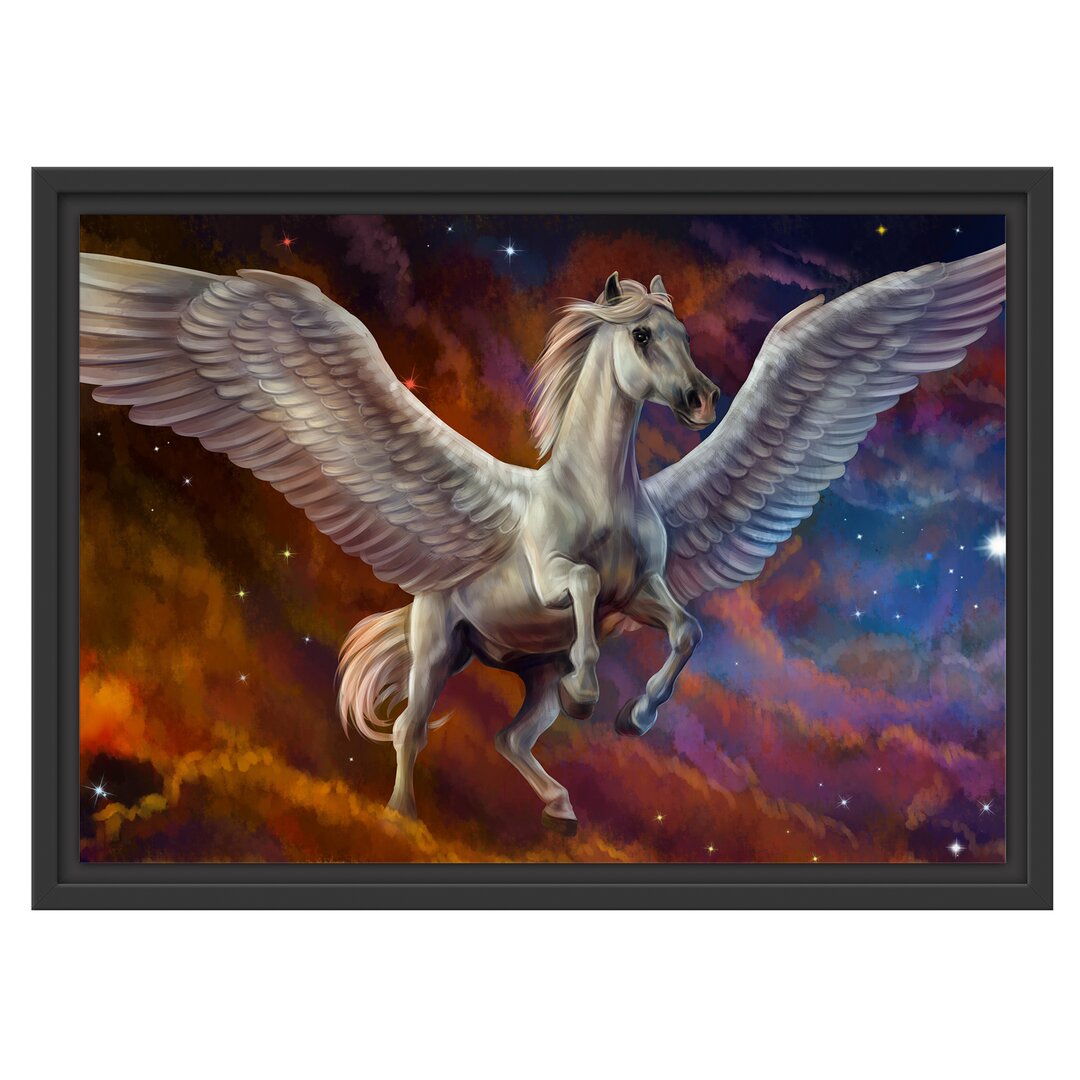 Gerahmtes Wandbild Weißer Pegasus mit Engelsflügel