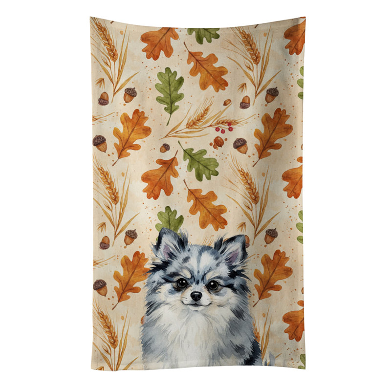 Blue Merle Pomeranian Heirloom Fall Kitchen Towel, Blue Merle Pomeranian