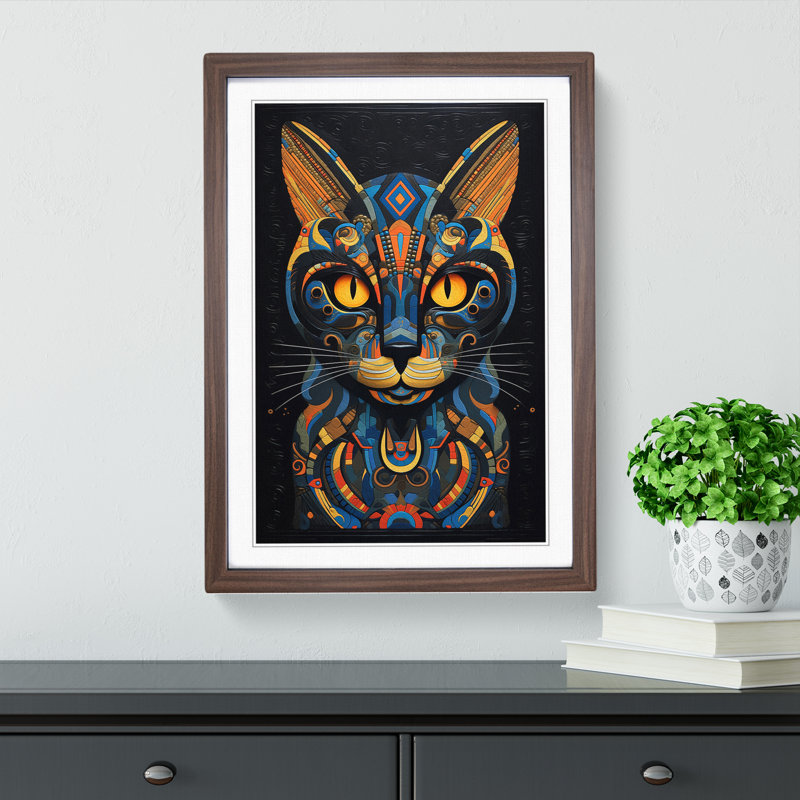 XYZ-FRM-V1223-618 Egyptian Cat Neo-Plasticism - Single Picture Frame Print on Wood, 46cm H x 34cm W x 2cm D, Walnut