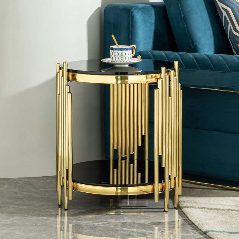 Table de bout ronde de luxe avec plateau en verre trempé noir à 2 niveaux et structure en acier inoxydable doré, table d'appoint moderne pour le salon, la chambre à coucher, le bureau ou le café