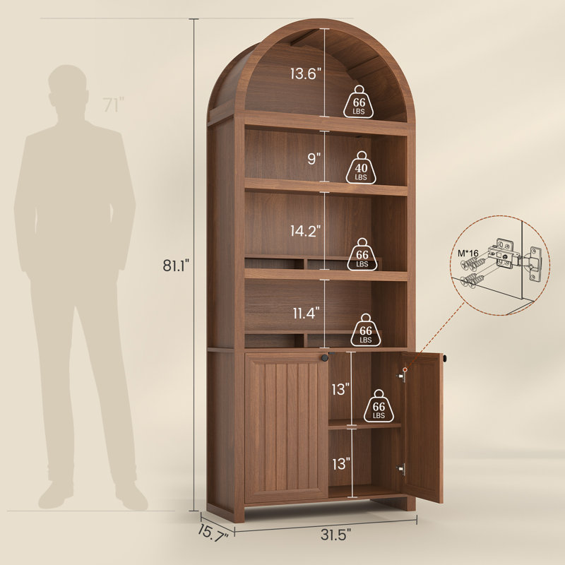 81" Tall Arched Cabinets, Bookcase with Storage, Brown, Brown