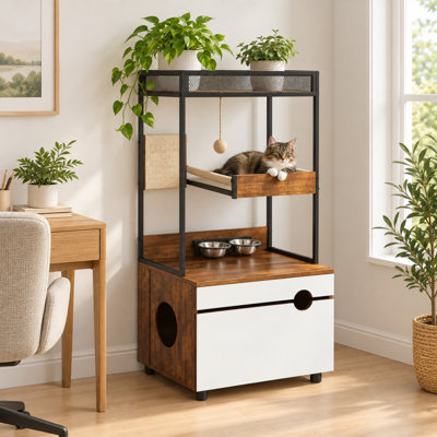  Multi-Function Cat Litter Box Enclosures with Feeding Station and Scratching Pad