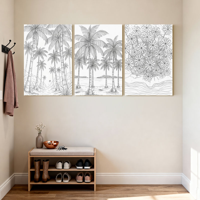 Palmiers, palmiers, plage, fleurs, vagues, ensemble de 3 impressions sur toile, H 30 po x l 60 po